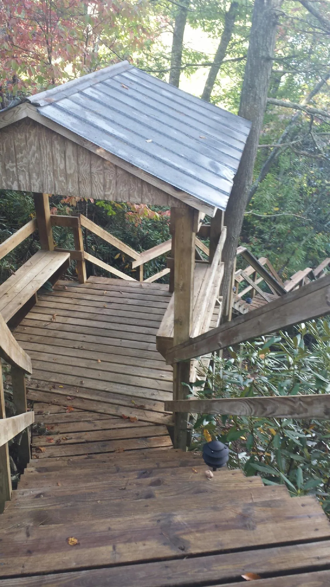 Metal roofed shelter over wooden steps on a wooded walkway — Skylight Repair & Installation work by our crew in Matherville